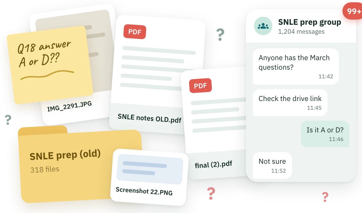 A pile of PDFs, screenshots and a busy group chat